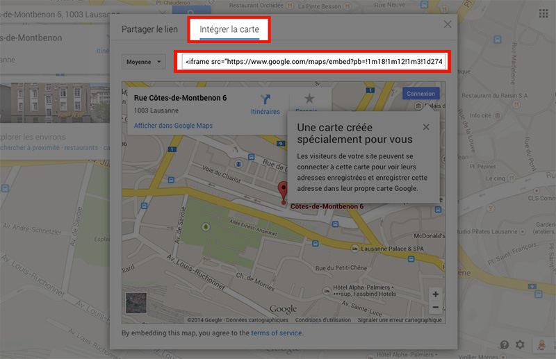 Copier le code d'intégration de la carte Google